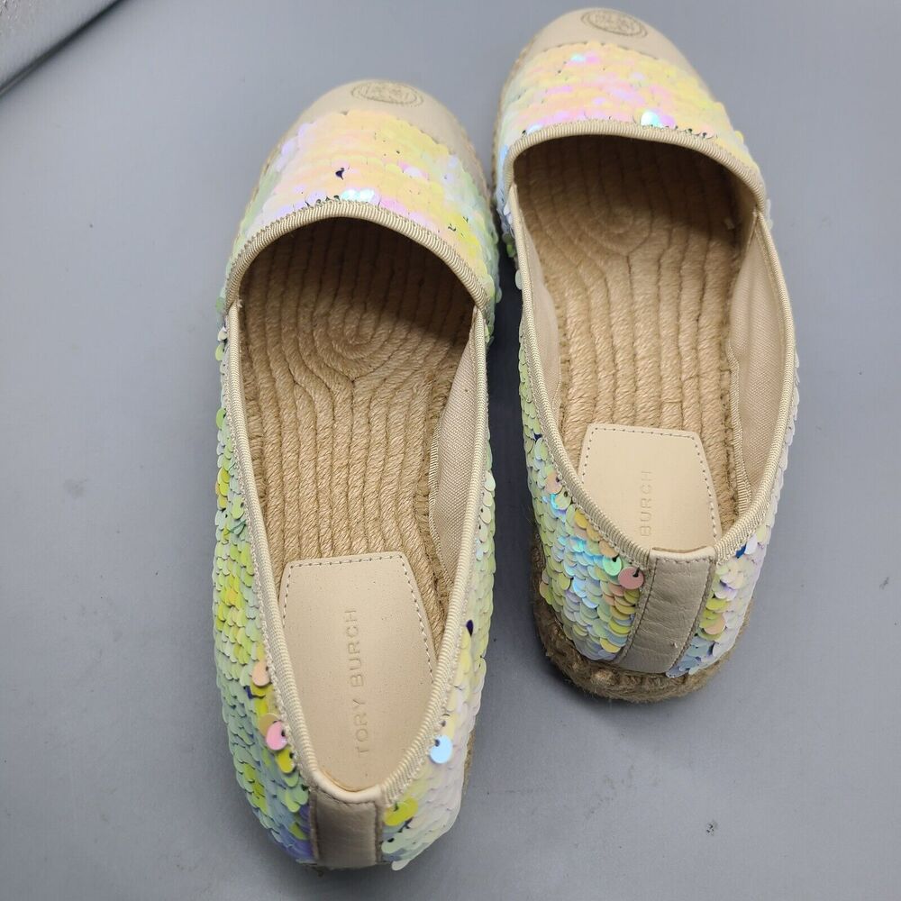 Tory Burch women flats sz 10 sequin espadrilles  ivory green logo new - Picture 8 of 13